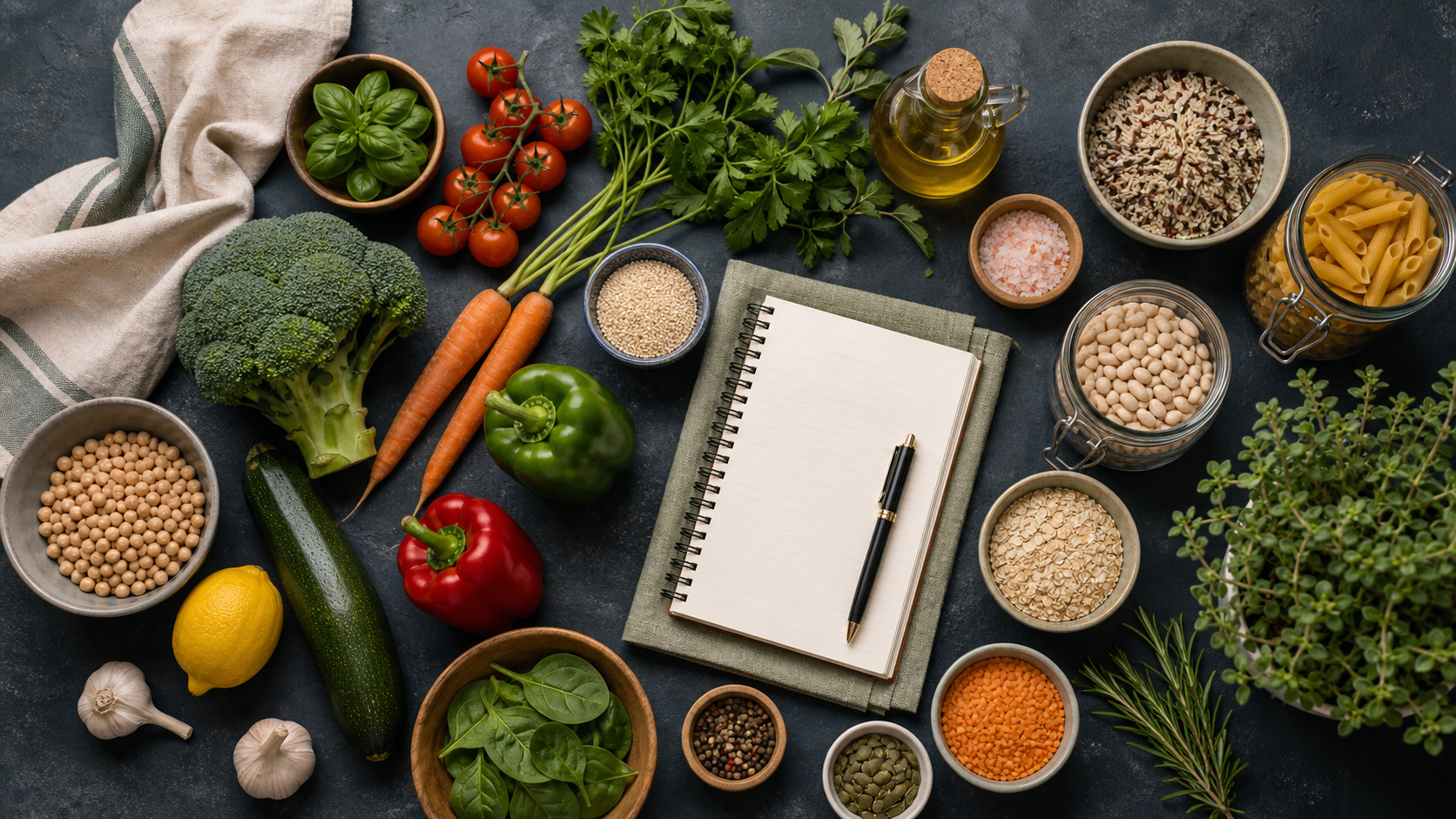 A neatly arranged meal planning flat lay with vegetables, grains, herbs, and pantry staples