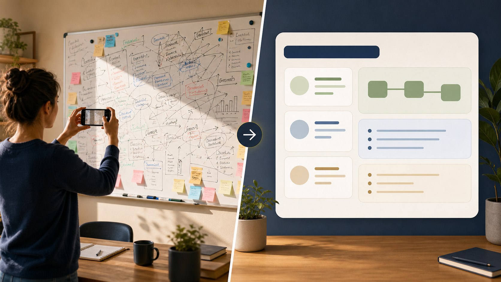 A learner turning a messy whiteboard into a structured AI summary