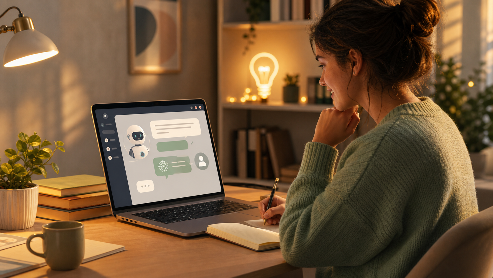 A learner using a warm AI tutor conversation at a laptop
